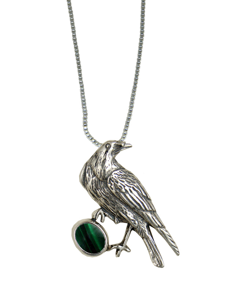 Sterling Silver Raven Pendant With Malachite